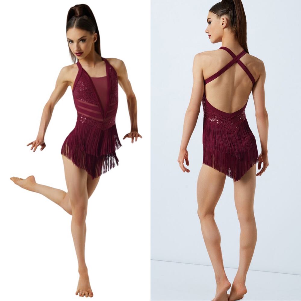NWOT Weissman Elite Competition Fringe and Sequins Dress in Wine Girls Size 14